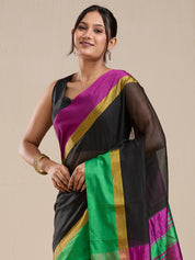 Vervee Couture Black Silk Blend Saree with Zari Border and Semi Stitched Blouse | EKA