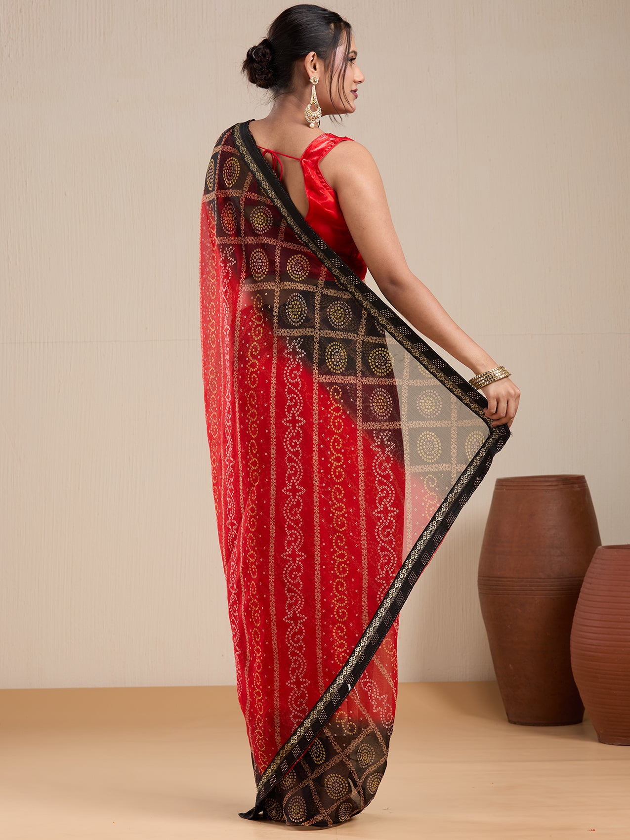 Vervee Couture Red Black Poly Georgette Saree with Contrast Border | EKA