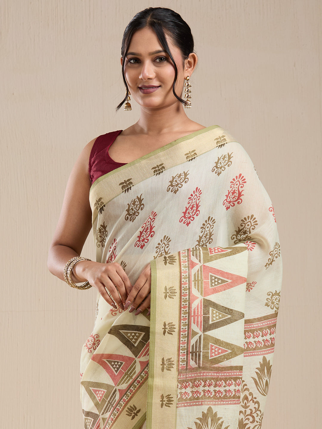 Vervee Couture Off White Printed Silk Blend Saree with Semi Stitched Blouse | EKA