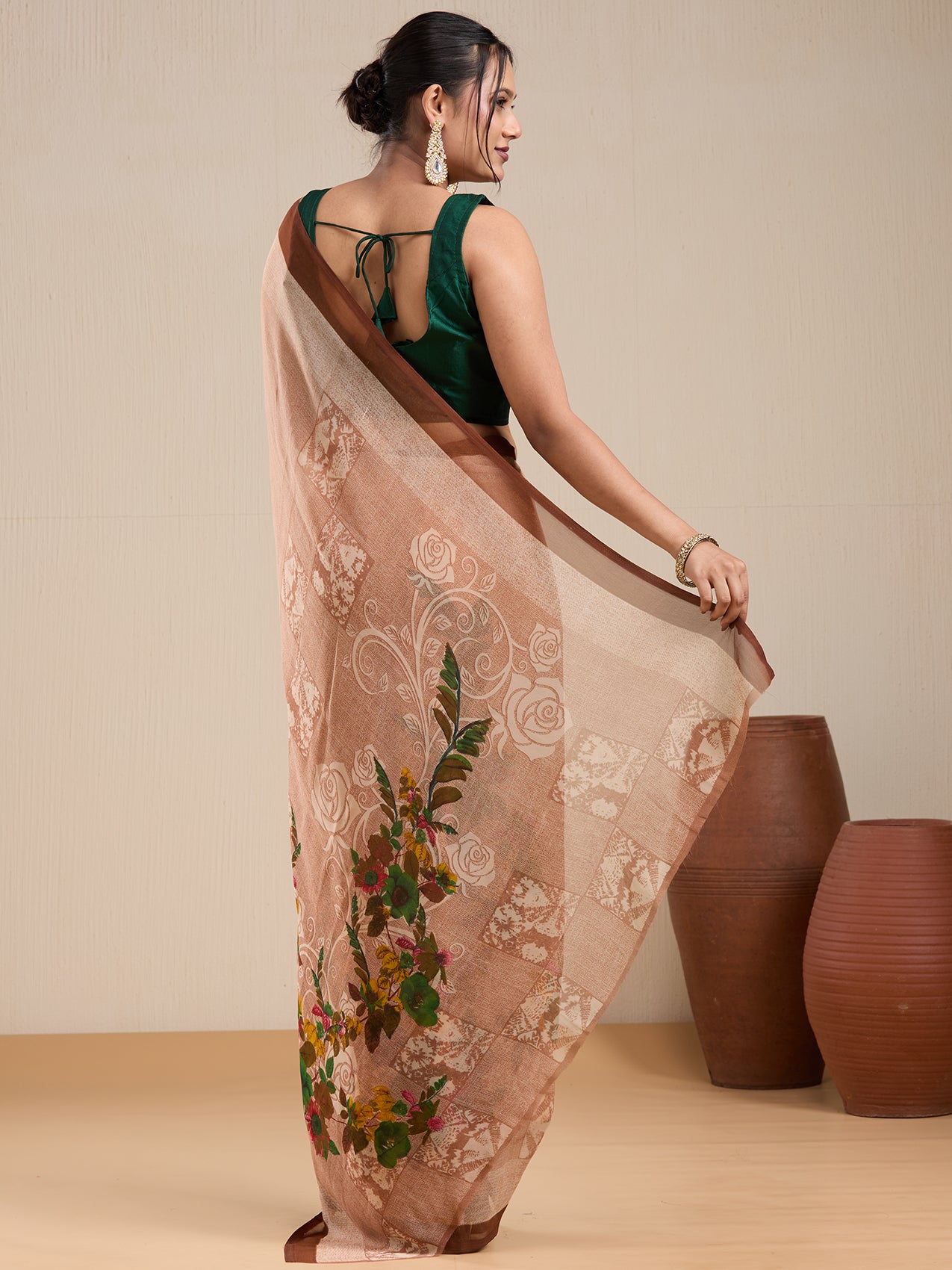 Vervee Couture Beige Floral Poly Georgette Saree with Contrast Border | EKA