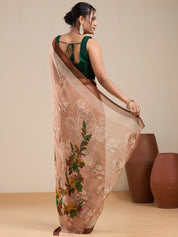 Vervee Couture Beige Floral Poly Georgette Saree with Contrast Border | EKA