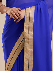 Vervee Couture Blue Poly Georgette Saree with Zari Border and Semi Stitched Blouse | EKA