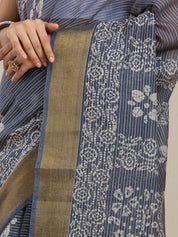 Vervee Couture Grey White Floral Silk Blend Saree with Semi Stitched Blouse | EKA