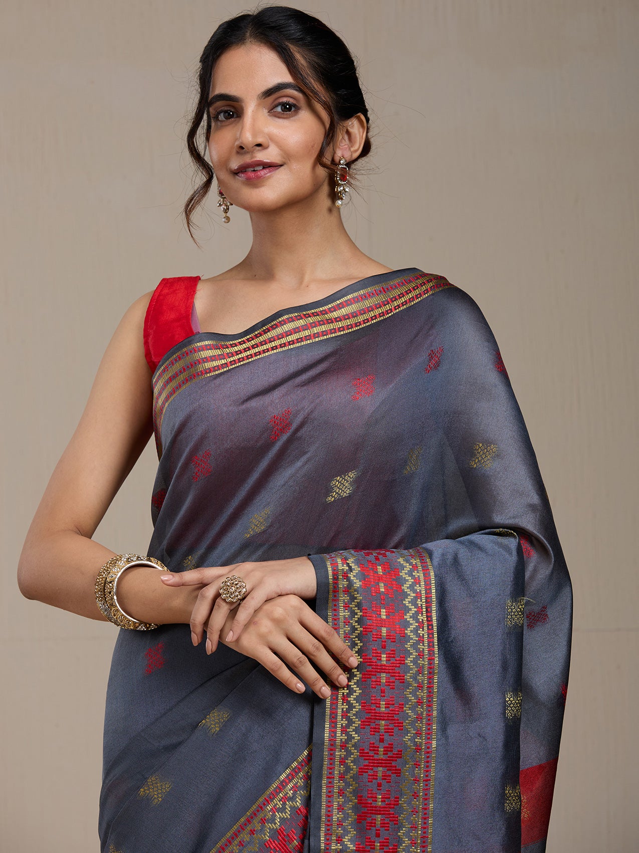 Vervee Couture Grey Silk Blend Saree with Zari Border and Semi Stitched Blouse | EKA