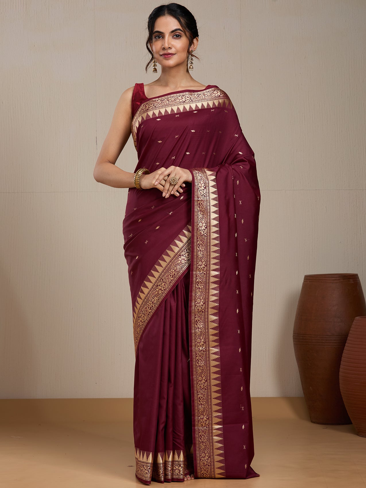 Vervee Couture Dark Maroon Gold Printed Silk Blend Saree | EKA