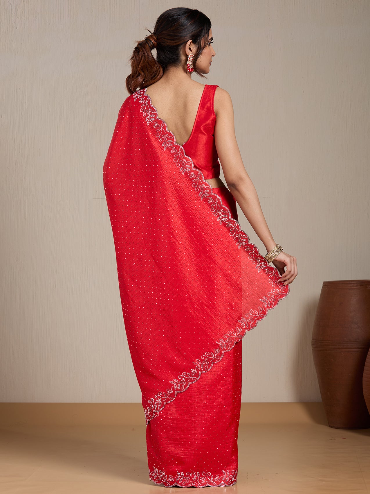 Vervee Couture Red Poly Georgette Embellished Saree | EKA