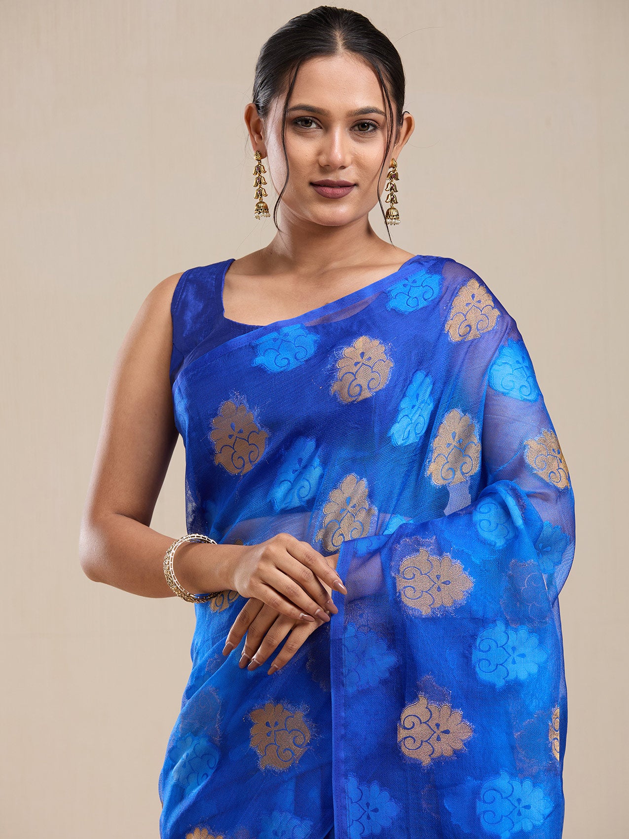 Vervee Couture Blue Poly Georgette Saree with Woven Motifs and Semi Stitched Blouse | EKA