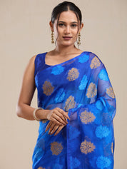 Vervee Couture Blue Poly Georgette Saree with Woven Motifs and Semi Stitched Blouse | EKA