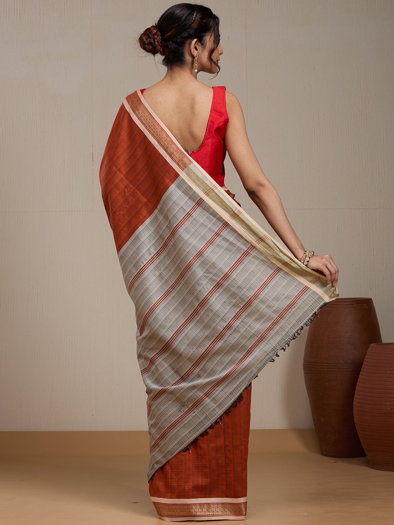 Vervee Couture Rust Grey Woven Silk Blend Saree with Semi Stitched Blouse | EKA