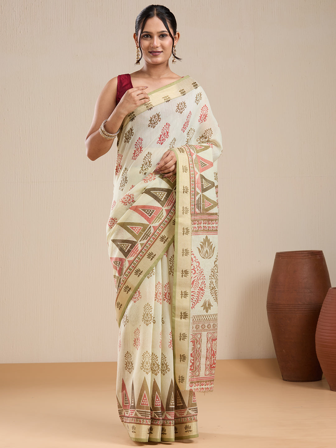 Vervee Couture Off White Printed Silk Blend Saree with Semi Stitched Blouse | EKA
