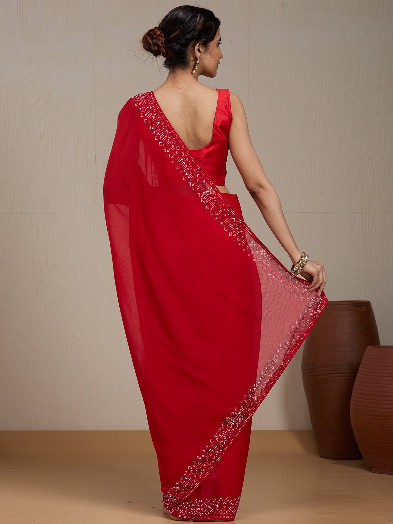 Vervee Couture Red Poly Georgette Embellished Saree | EKA