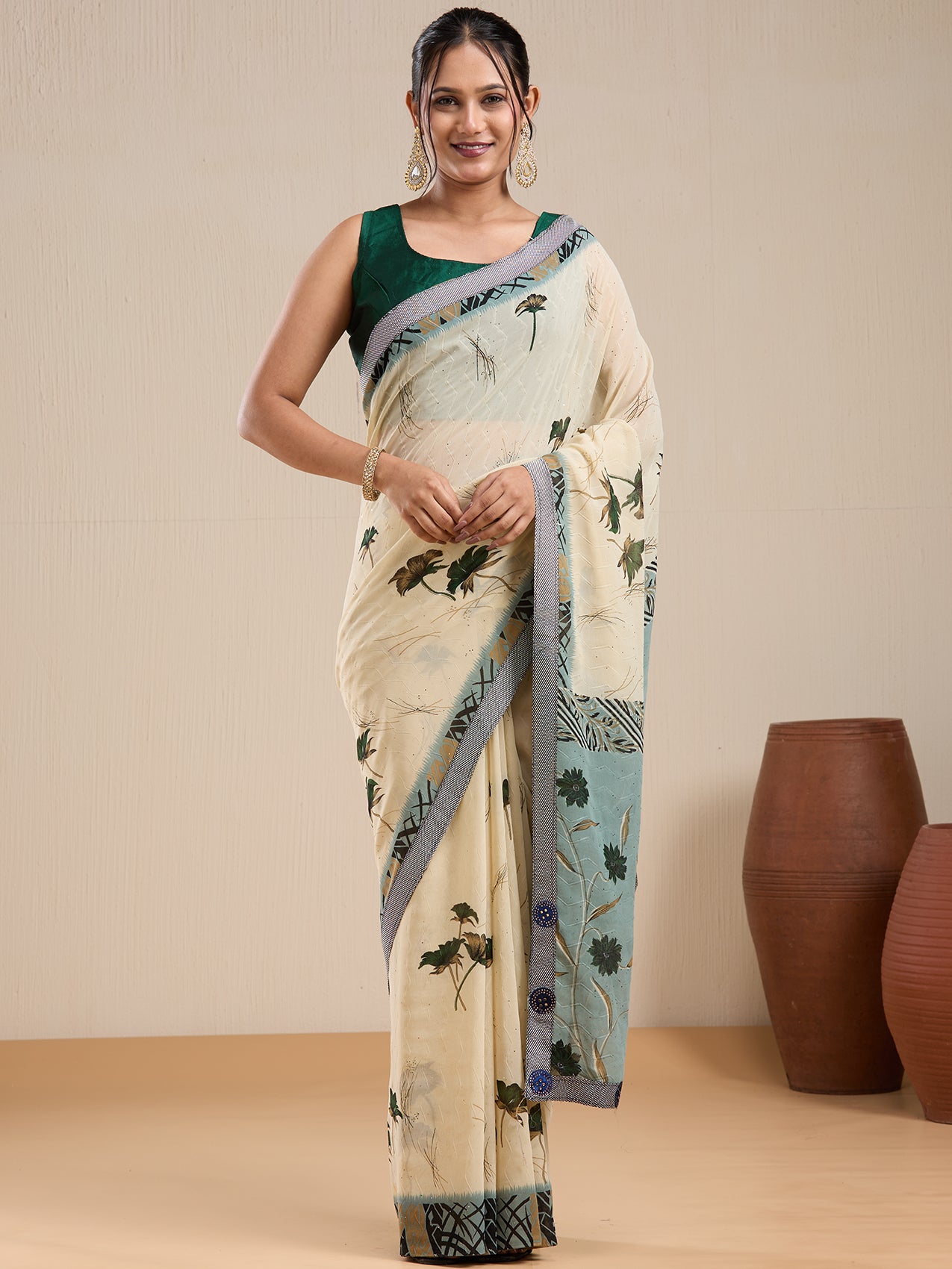 Vervee Couture Off White Floral Poly Georgette Saree with Contrast Pallu | EKA