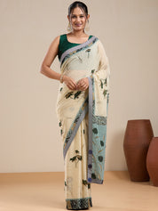 Vervee Couture Off White Floral Poly Georgette Saree with Contrast Pallu | EKA