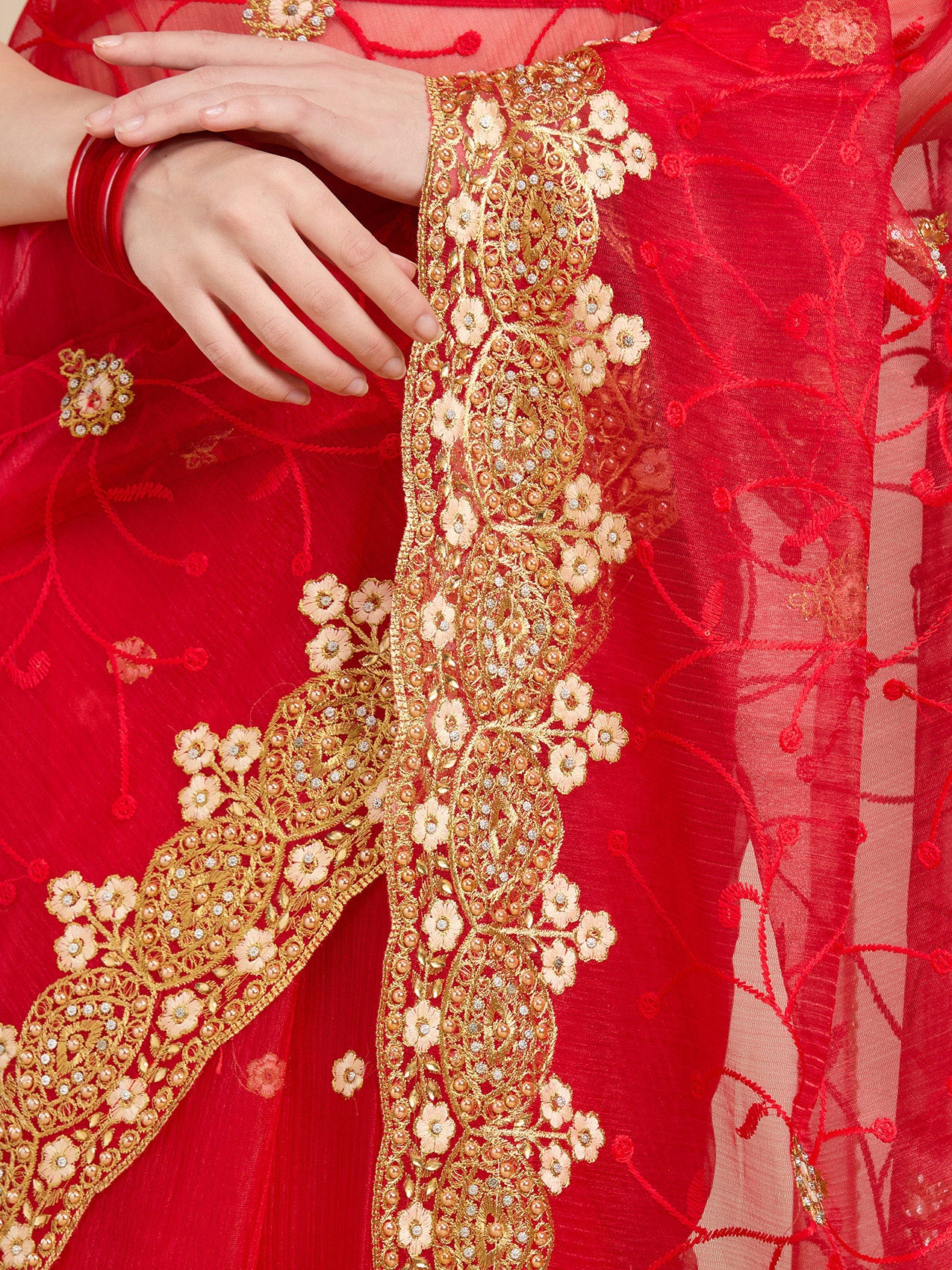 Vervee Couture Red Pure Net Saree with Floral Zari Border | EKA