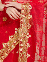 Vervee Couture Red Pure Net Saree with Floral Zari Border | EKA