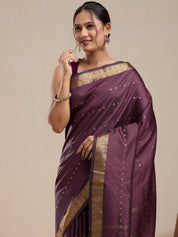 Vervee Couture Wine Purple Silk Blend Saree with Zari Border and Semi Stitched Blouse | EKA