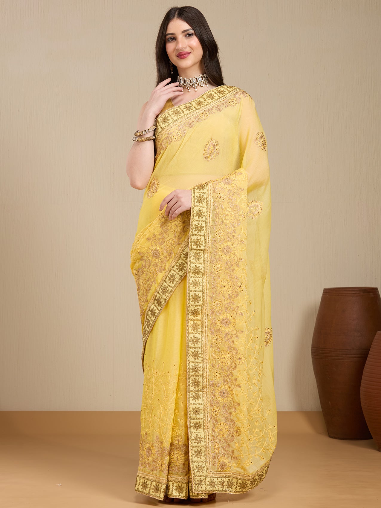 Vervee Couture Yellow Silk Blend Saree with Zari Embroidered Border | EKA