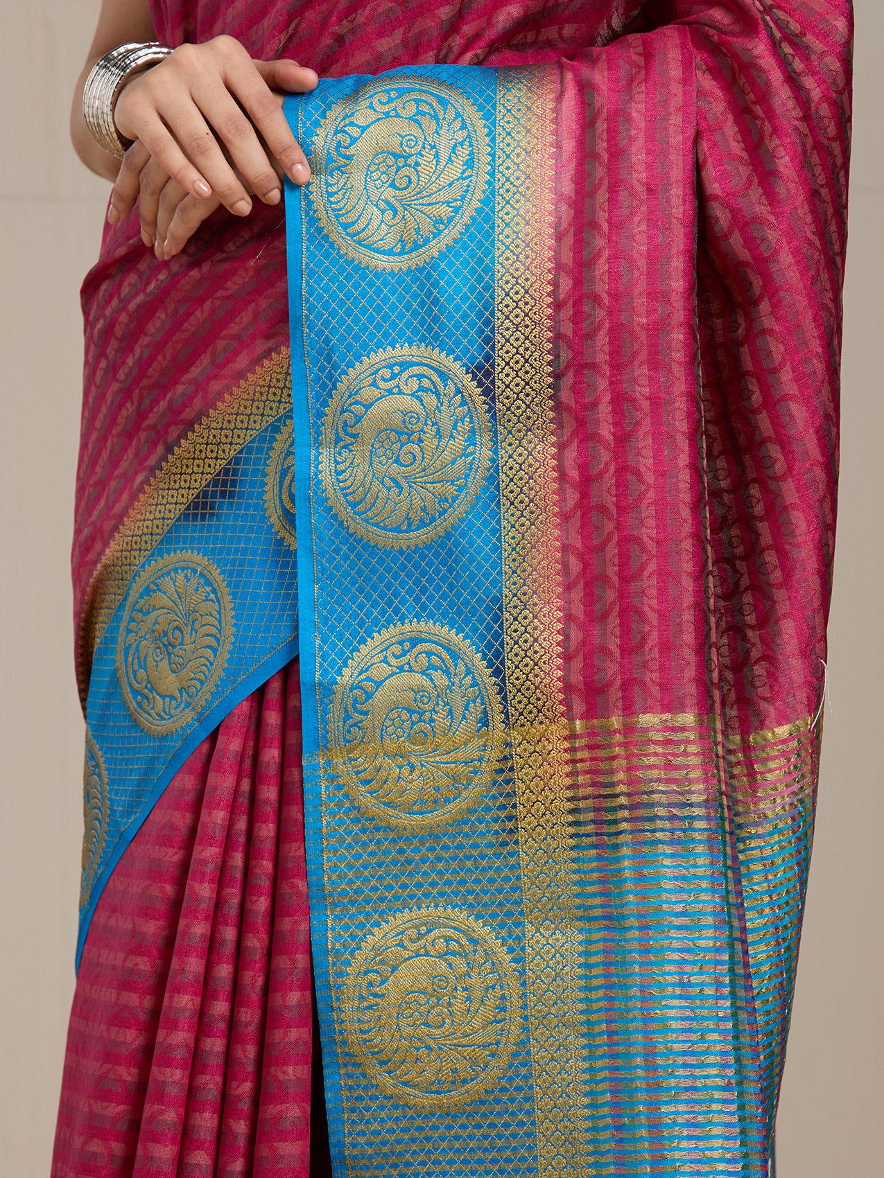 Vervee Couture Pink Turquoise Blue Woven Silk Blend Saree | EKA