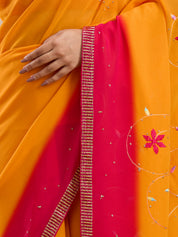 Vervee Couture Yellow Poly Georgette Saree with Contrast Border and Semi Stitched Blouse | EKA
