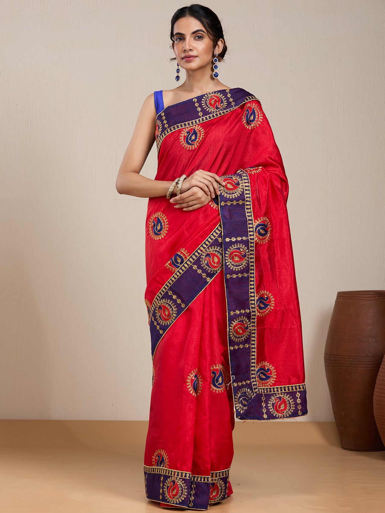 Vervee Couture Red Purple Woven Silk Blend Saree with Zari Border | EKA