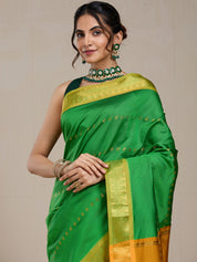 Vervee Couture Parrot Green Gold Woven Silk Blend Saree with Semi Stitched Blouse | EKA