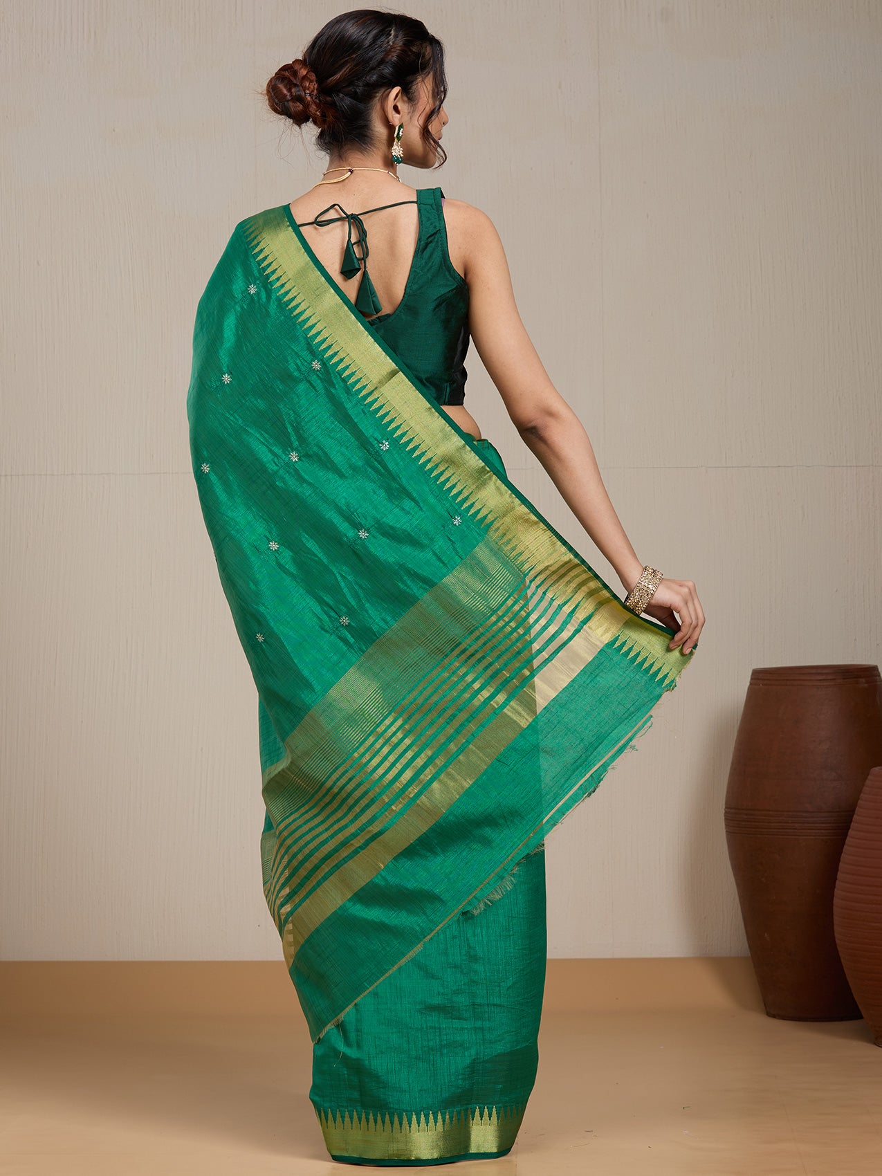 Vervee Couture Emerald Green Gold Woven Silk Blend Saree | EKA