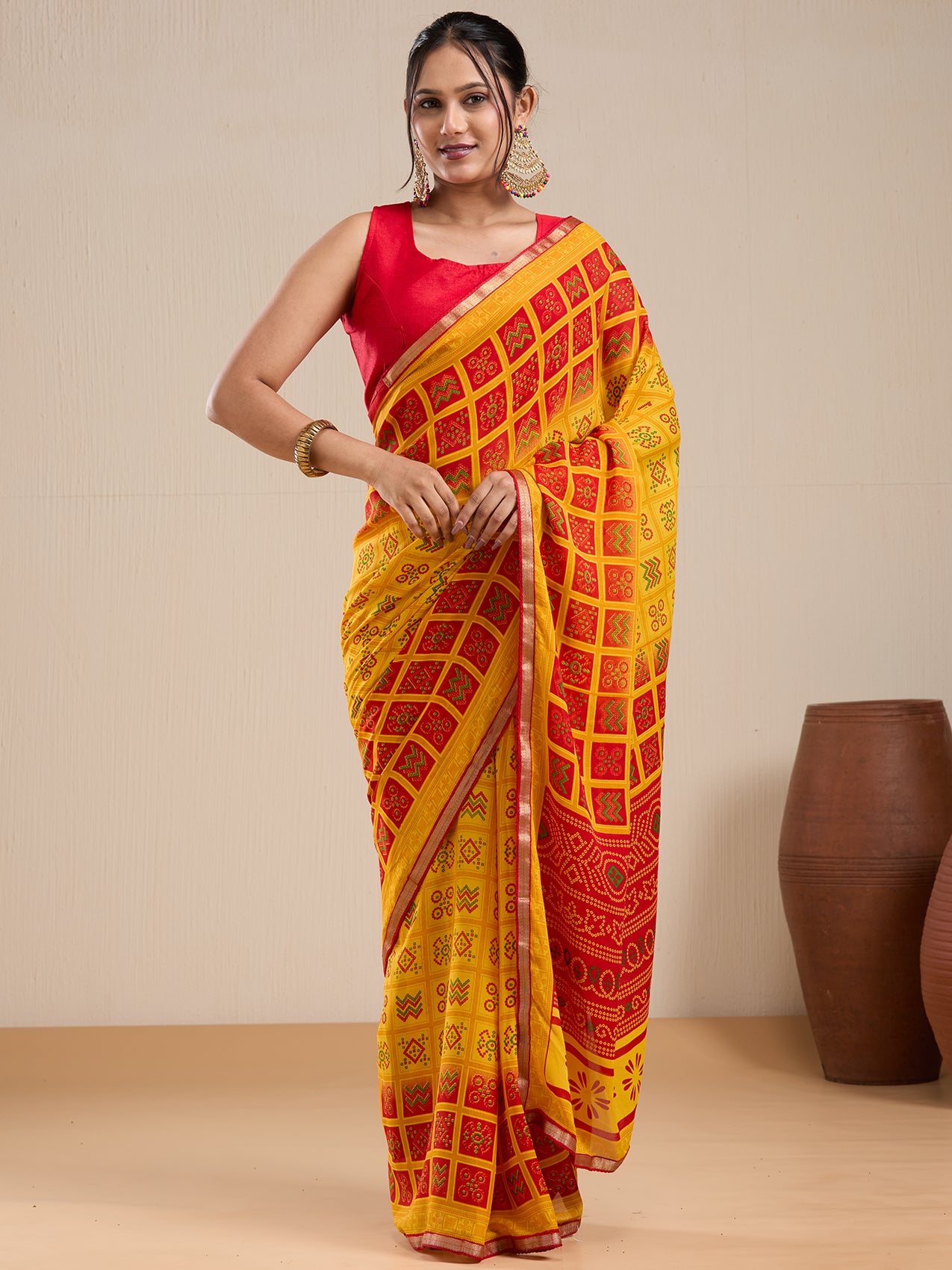 Vervee Couture Yellow Red Printed Poly Georgette Saree | EKA