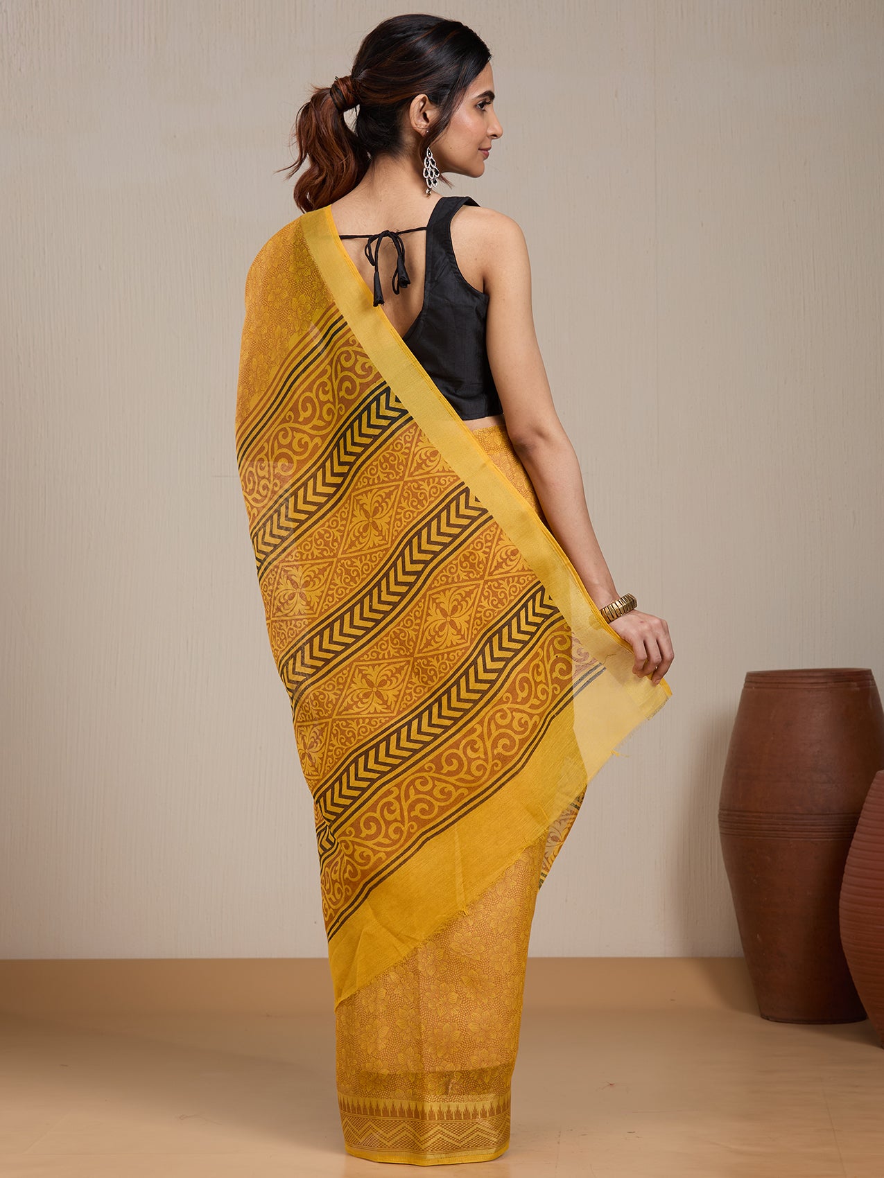 Vervee Couture Yellow Printed Silk Blend Saree with Ethnic Motif Border | EKA