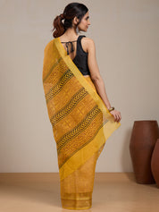Vervee Couture Yellow Printed Silk Blend Saree with Ethnic Motif Border | EKA