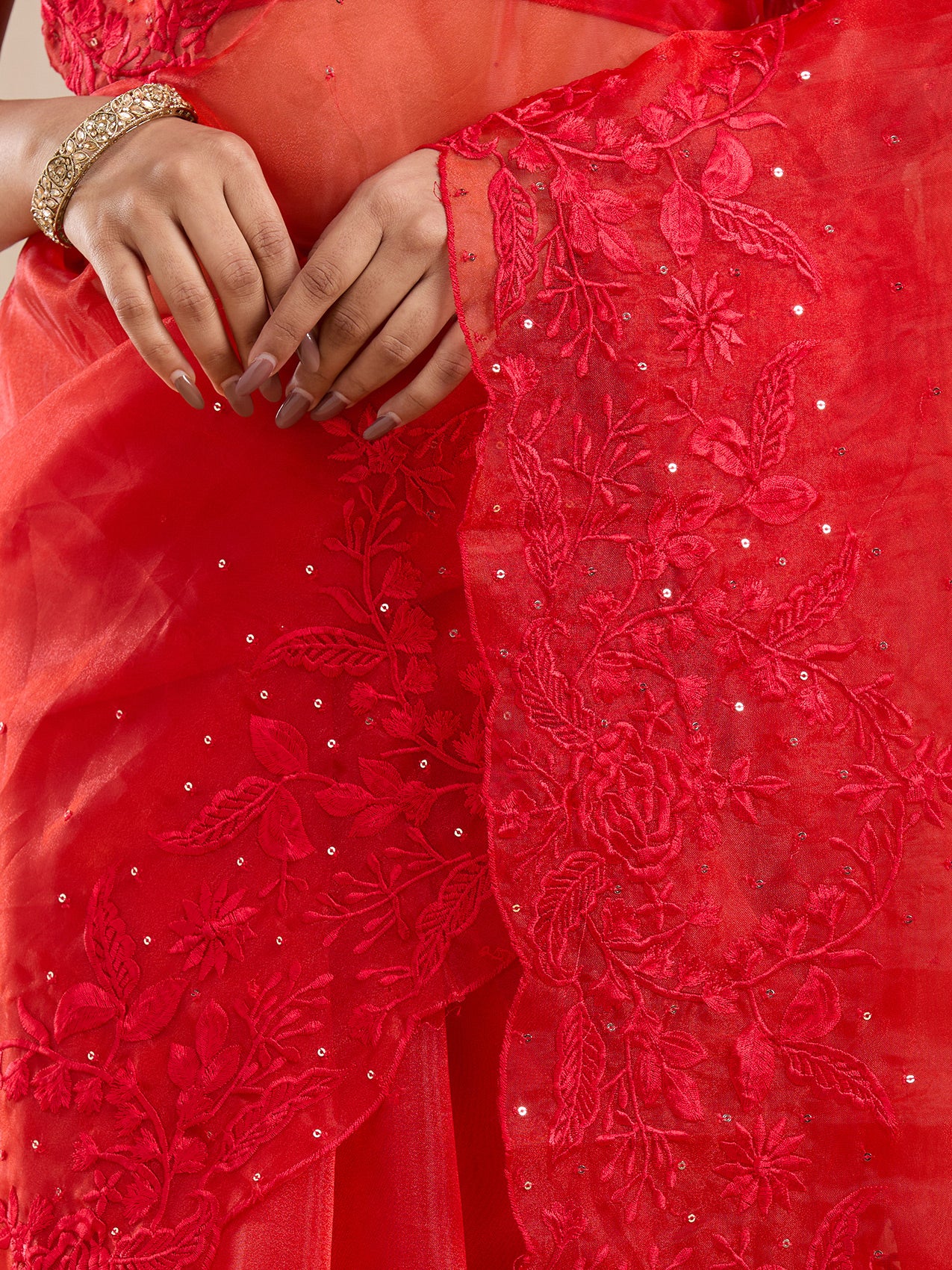 Vervee Couture Red Pure Net Saree with Sequinned Work | EKA
