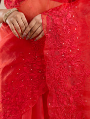Vervee Couture Red Pure Net Saree with Sequinned Work | EKA