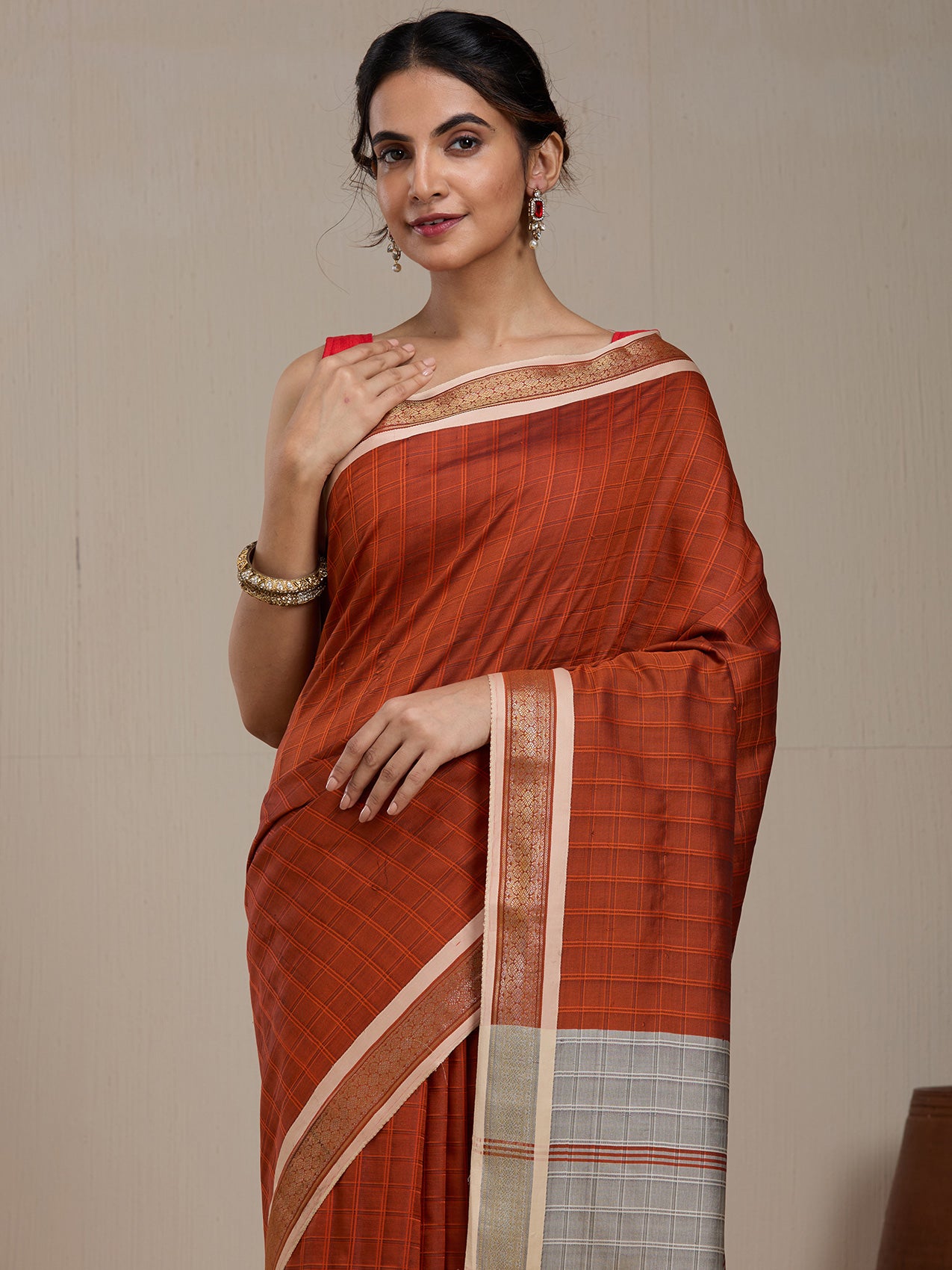 Vervee Couture Rust Grey Woven Silk Blend Saree with Semi Stitched Blouse | EKA