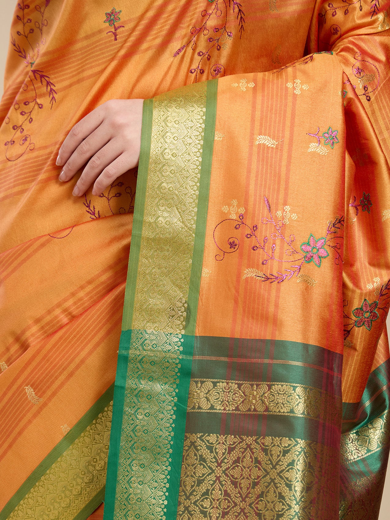 Vervee Couture Orange Silk Blend Saree with Green Zari Border | EKA