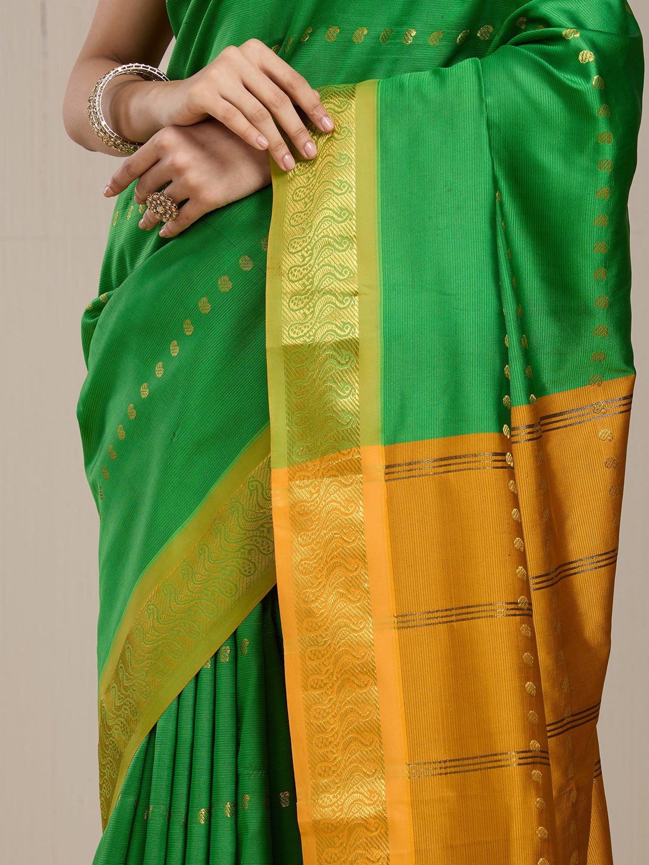 Vervee Couture Parrot Green Gold Woven Silk Blend Saree with Semi Stitched Blouse | EKA