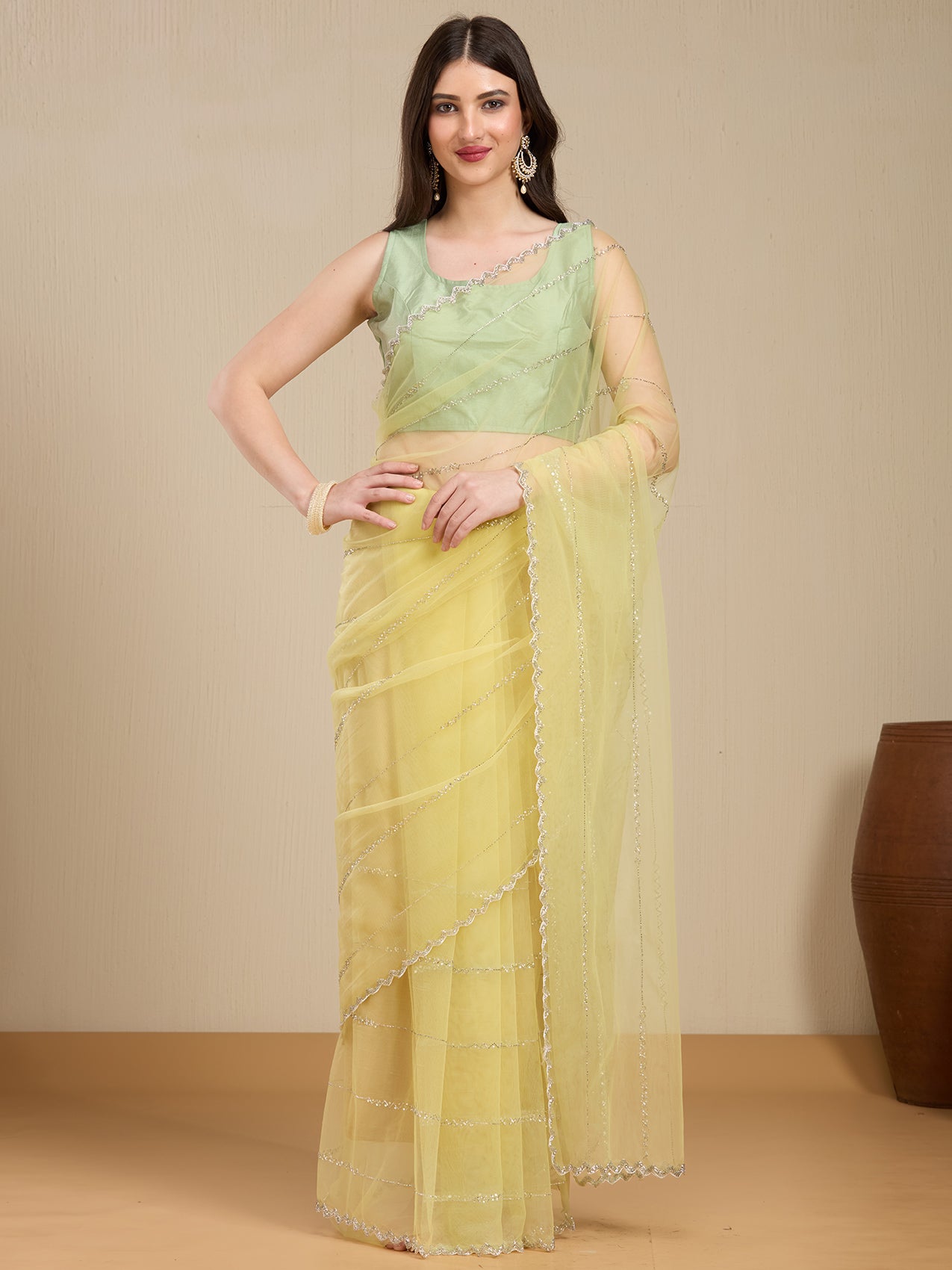 Vervee Couture Yellow Pure Net Saree with Embellished Detailing | EKA