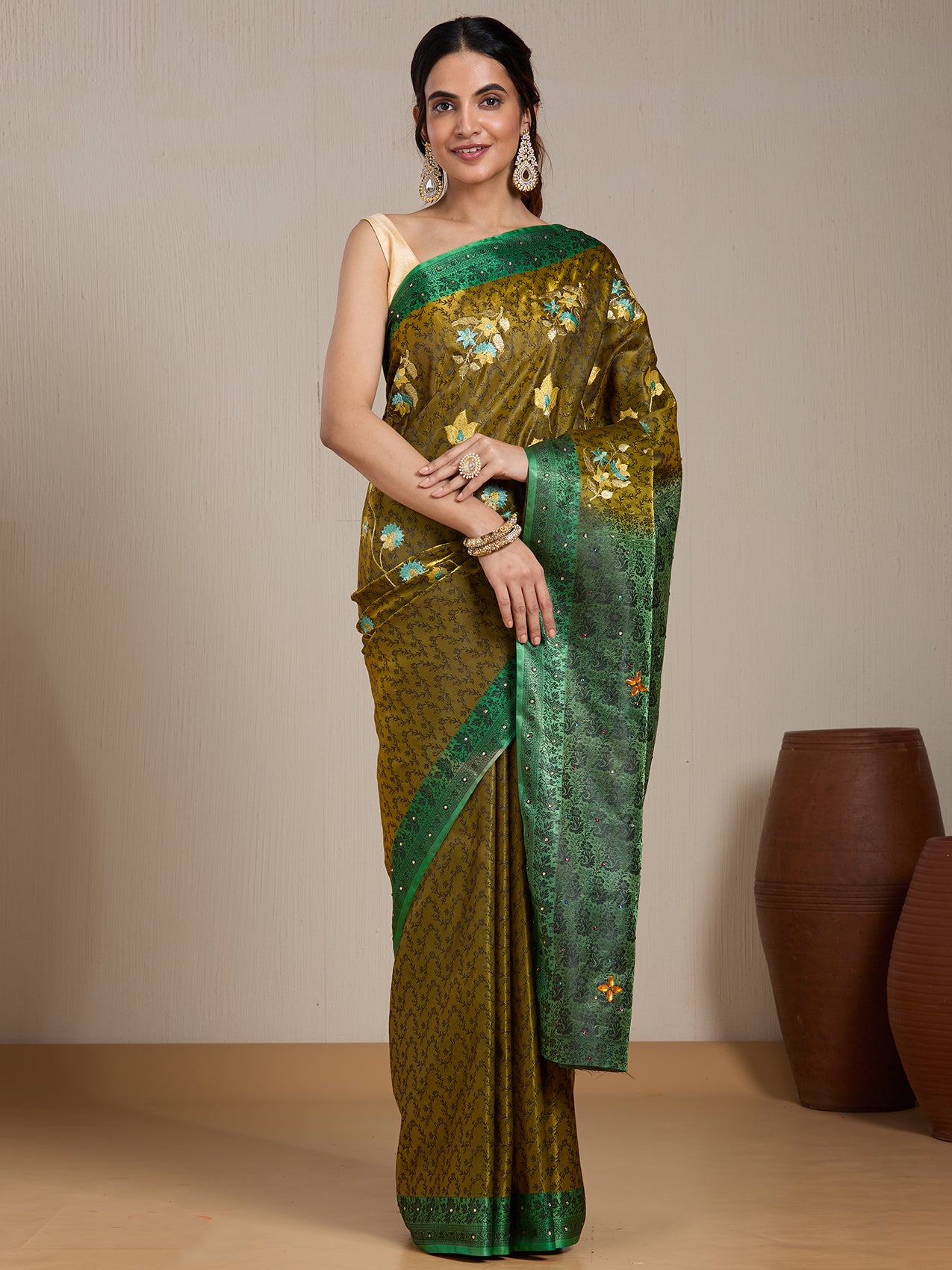 Vervee Couture Green Floral Printed Silk Blend Saree with Zari Border | EKA