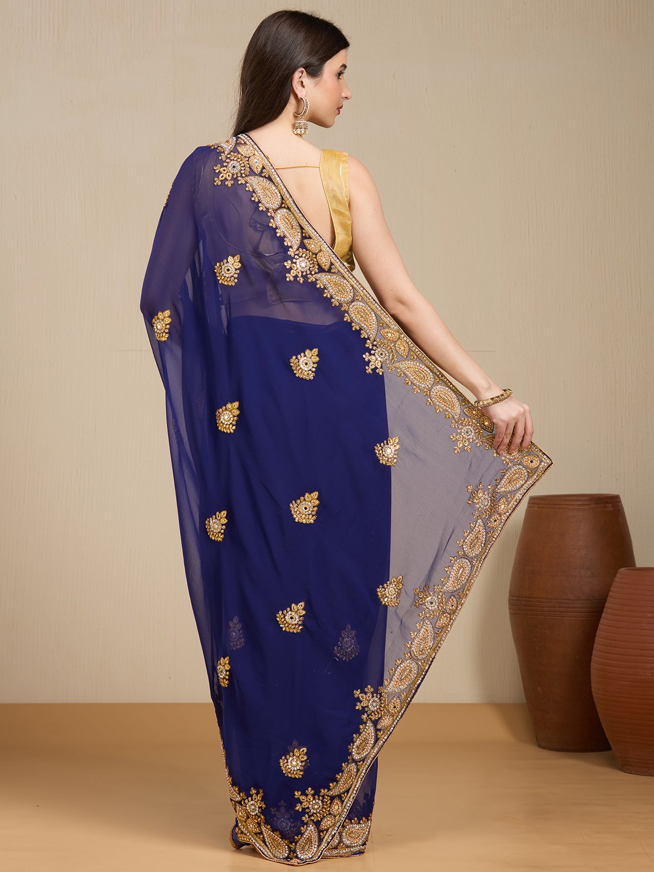 Vervee Couture Blue Poly Georgette Saree with Embroidered Border | EKA