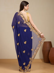 Vervee Couture Blue Poly Georgette Saree with Embroidered Border | EKA