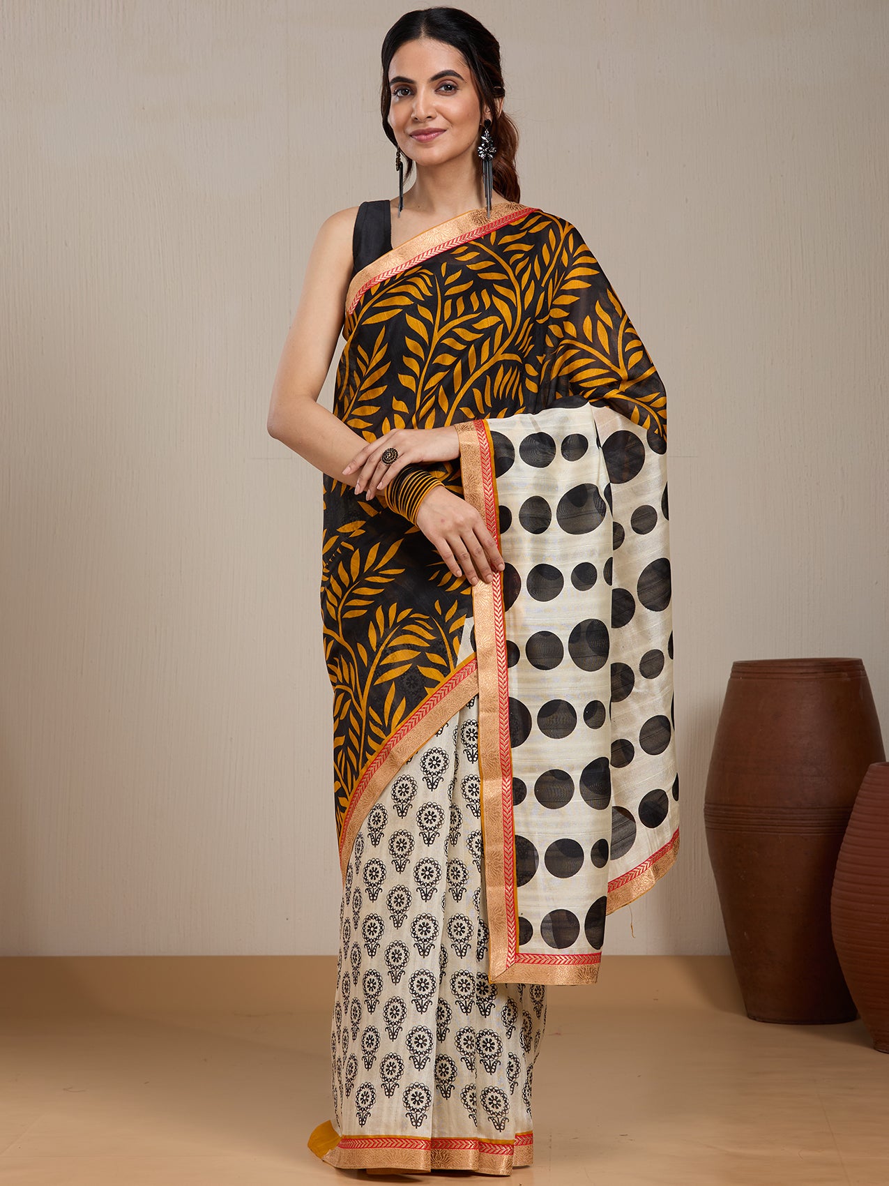 Vervee Couture Mustard Black Floral Poly Georgette Saree | EKA