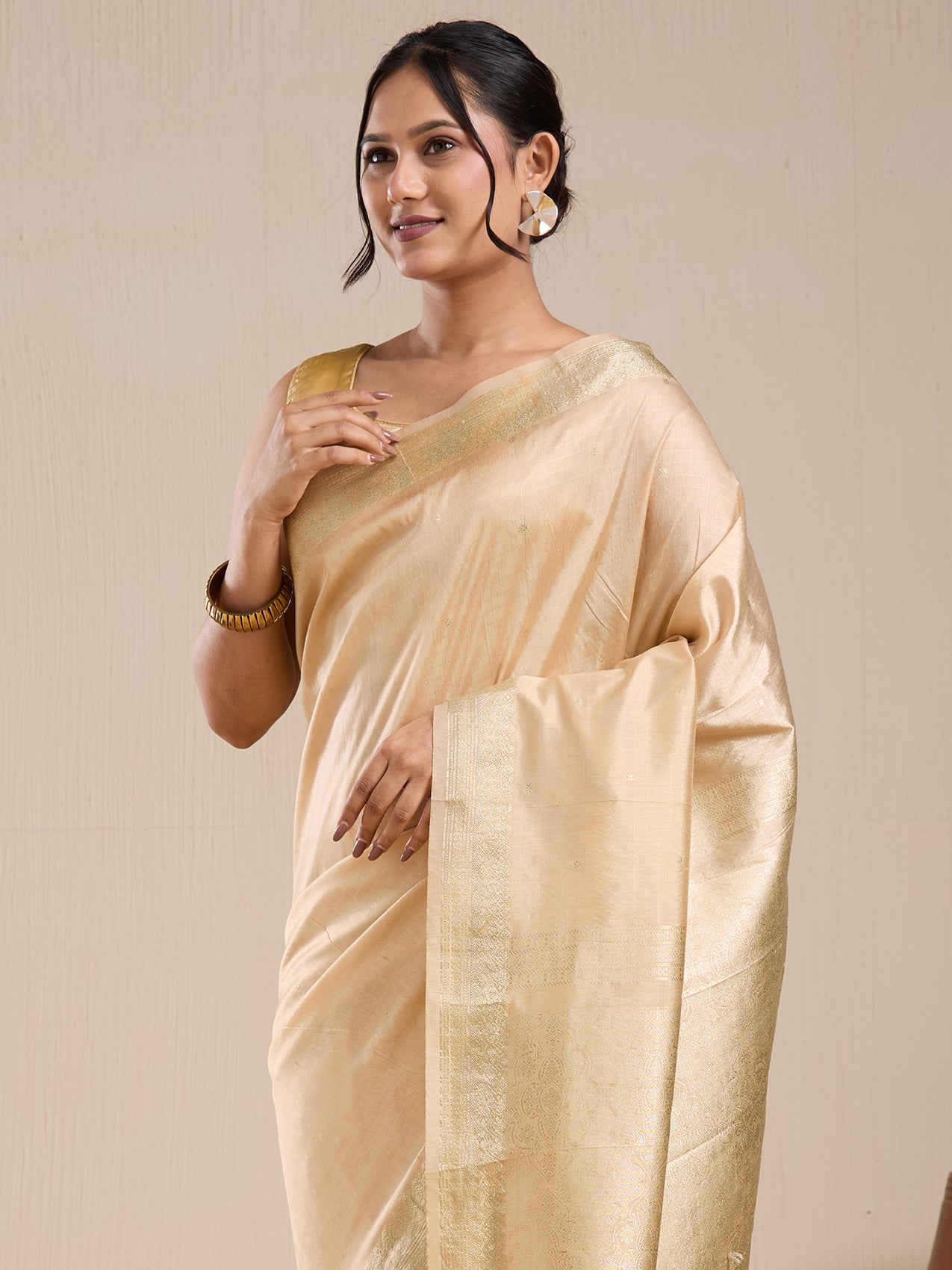 Vervee Couture Gold Silk Blend Saree with Zari Border and Semi Stitched Blouse | EKA