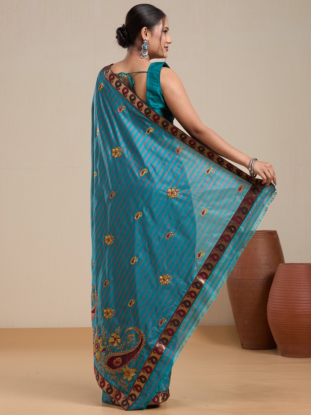 Vervee Couture Teal Silk Blend Saree with Thread Work Border and Semi Stitched Blouse | EKA