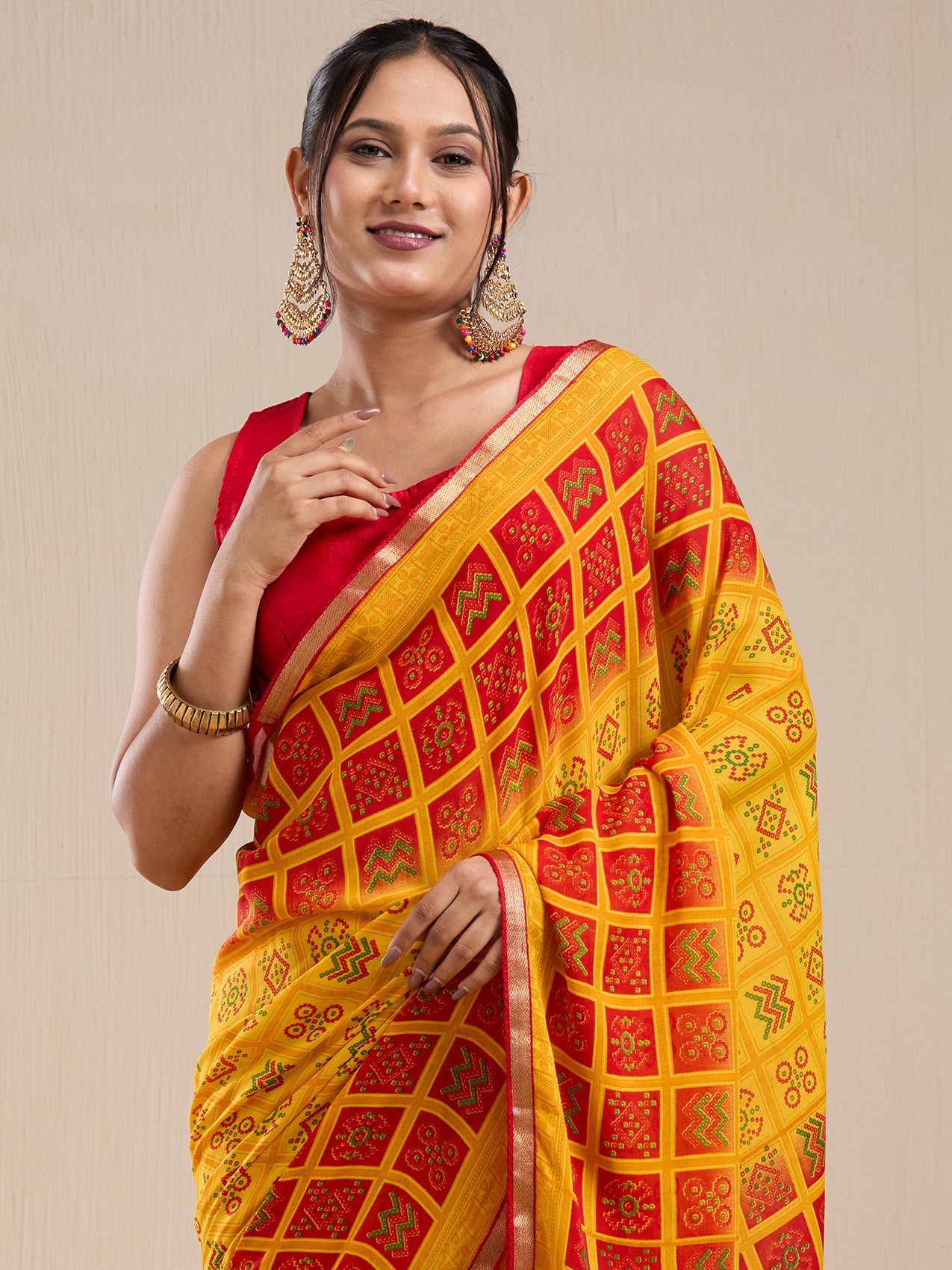 Vervee Couture Yellow Red Printed Poly Georgette Saree | EKA
