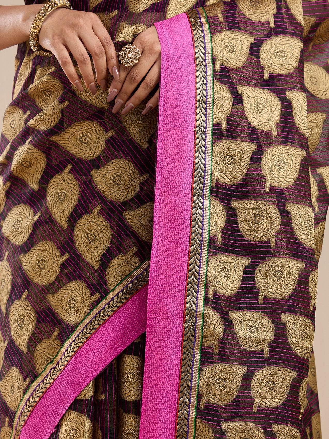 Vervee Couture Brown Woven Silk Blend Saree with Contrast Border and Semi Stitched Blouse | EKA