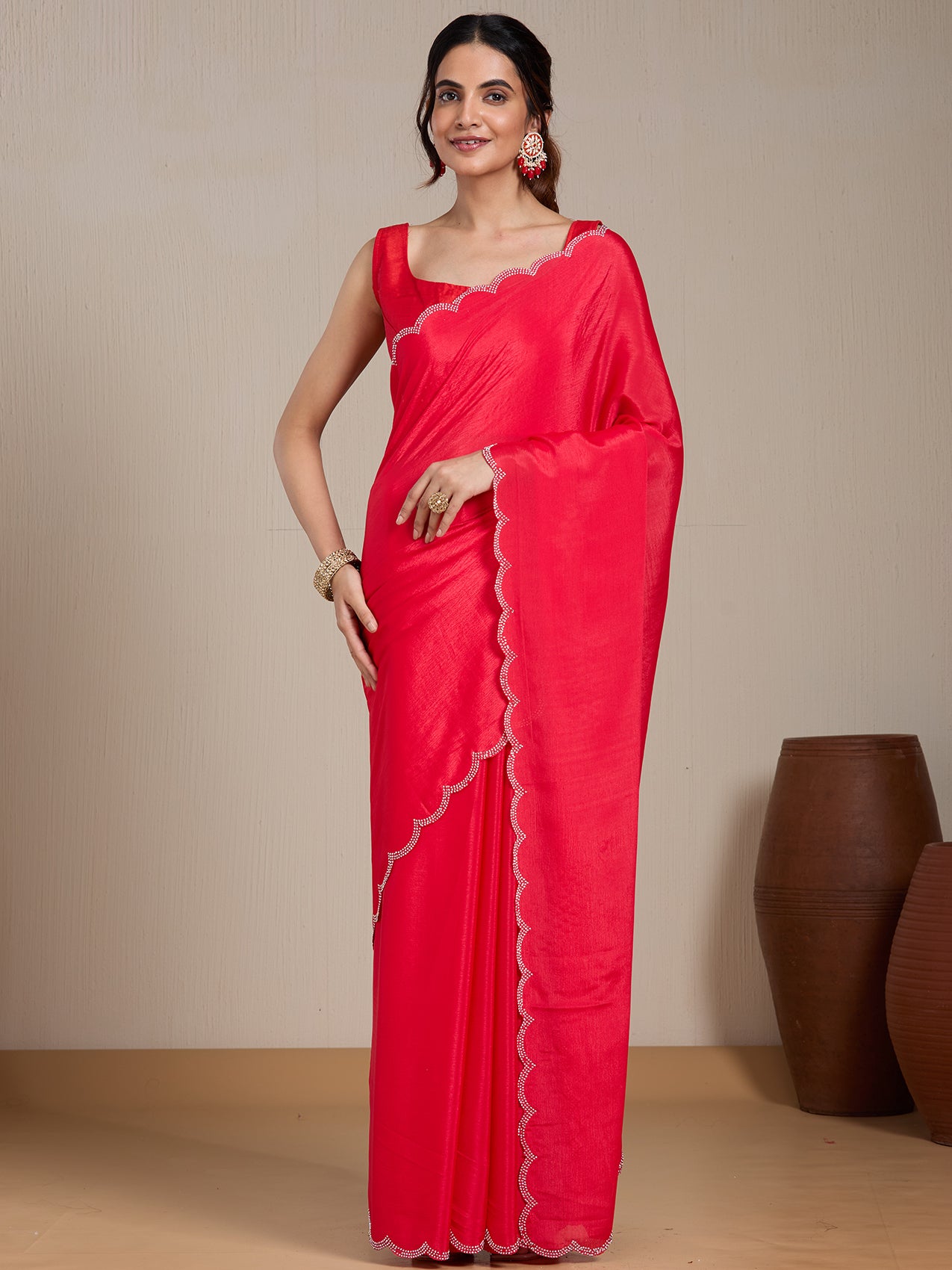 Vervee Couture Red Solid Poly Georgette Saree with Scalloped Border | EKA