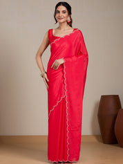 Vervee Couture Red Solid Poly Georgette Saree with Scalloped Border | EKA