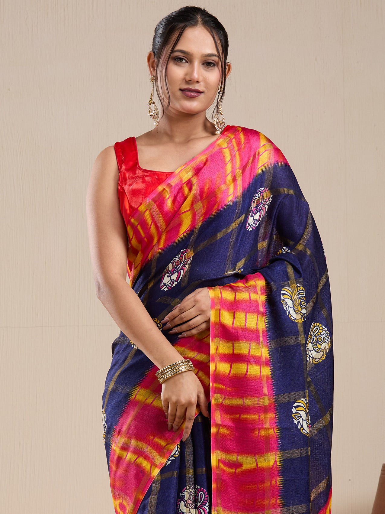 Vervee Couture Red Ikat Silk Blend Saree with Contrast Pallu and Semi Stitched Blouse | EKA