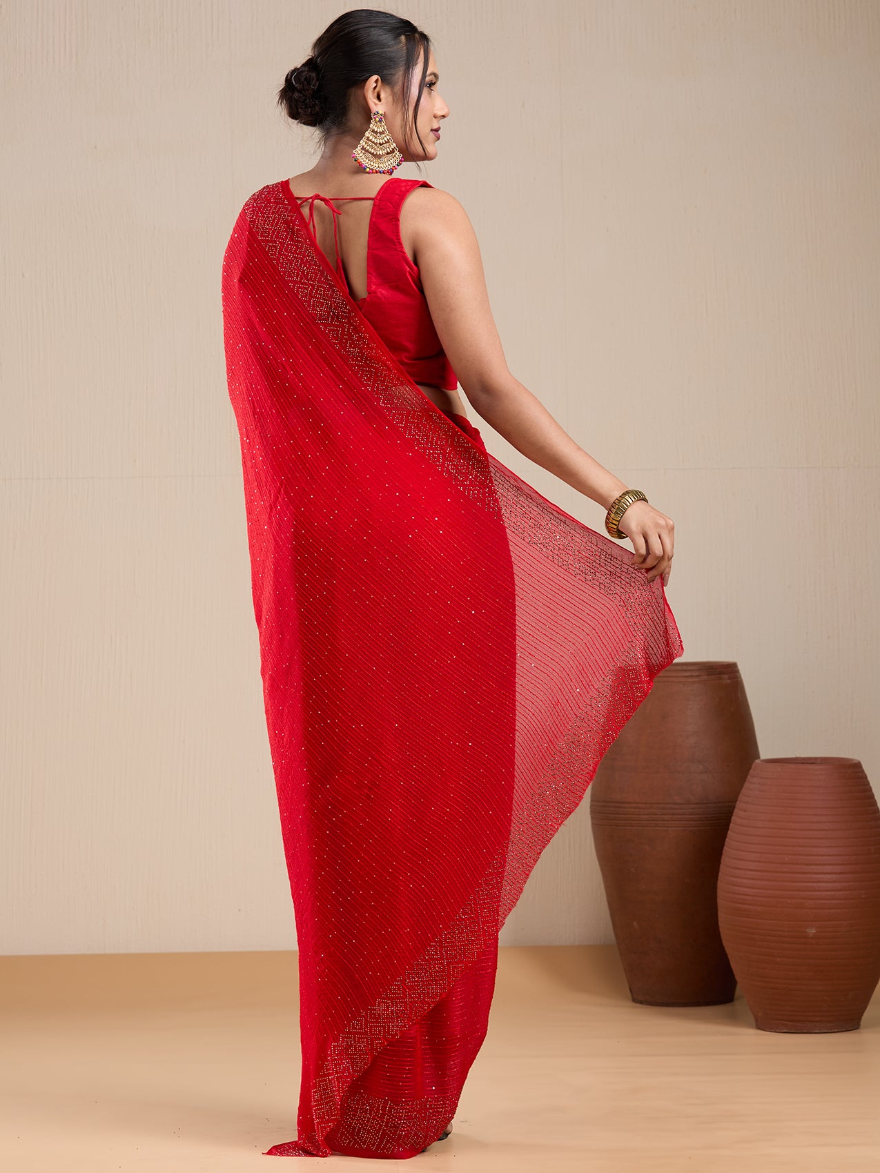 Vervee Couture Red Poly Georgette Saree with Embellished Border and Semi Stitched Blouse | EKA