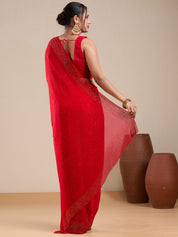 Vervee Couture Red Poly Georgette Saree with Embellished Border and Semi Stitched Blouse | EKA