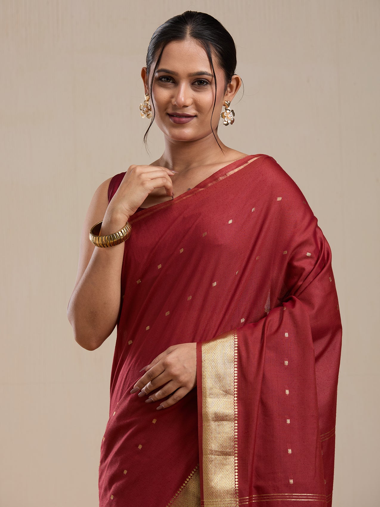 Vervee Couture Maroon Silk Blend Saree with Zari Border and Semi Stitched Blouse | EKA