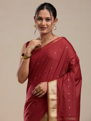 Vervee Couture Maroon Silk Blend Saree with Zari Border and Semi Stitched Blouse | EKA